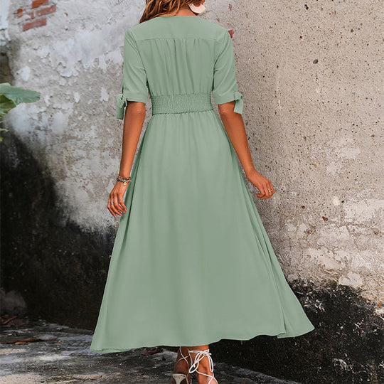 Damen Maxikleid mit schickem V-Ausschnitt und elastischem Taillenband EB