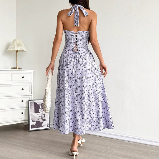 Damen Sommerliches Maxikleid mit floralem Halterdesign und seitlichem Schlitz EB