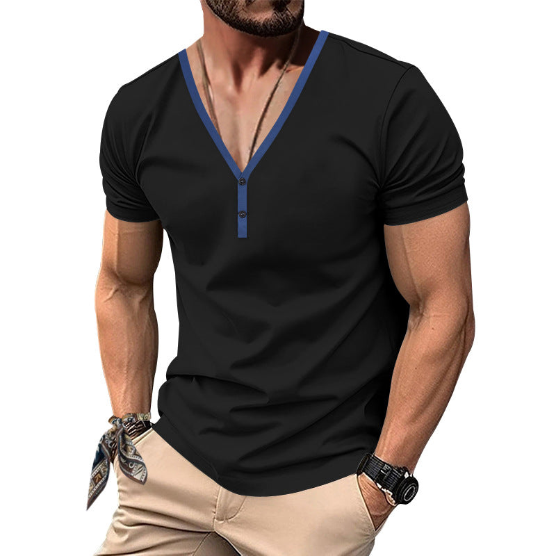 Herren Kurzarm Henley-T-Shirt mit V-Ausschnitt und Knopfdetail EB