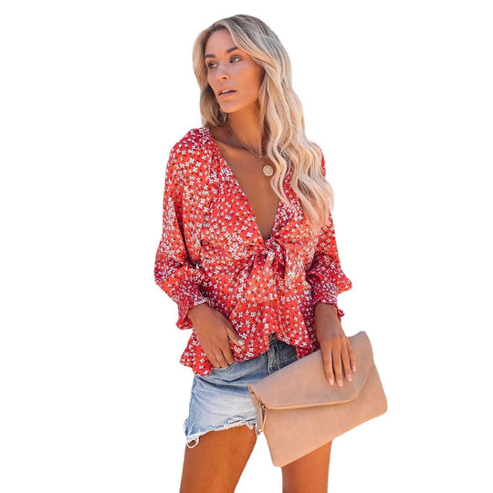Damen Blusentop mit verspieltem floralem Muster und elegantem Knotendetail EB