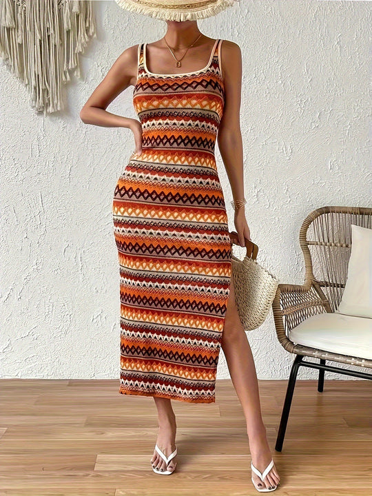 Damen Maxikleid mit auffälligem geometrischem Muster und seitlichem Schlitz EB
