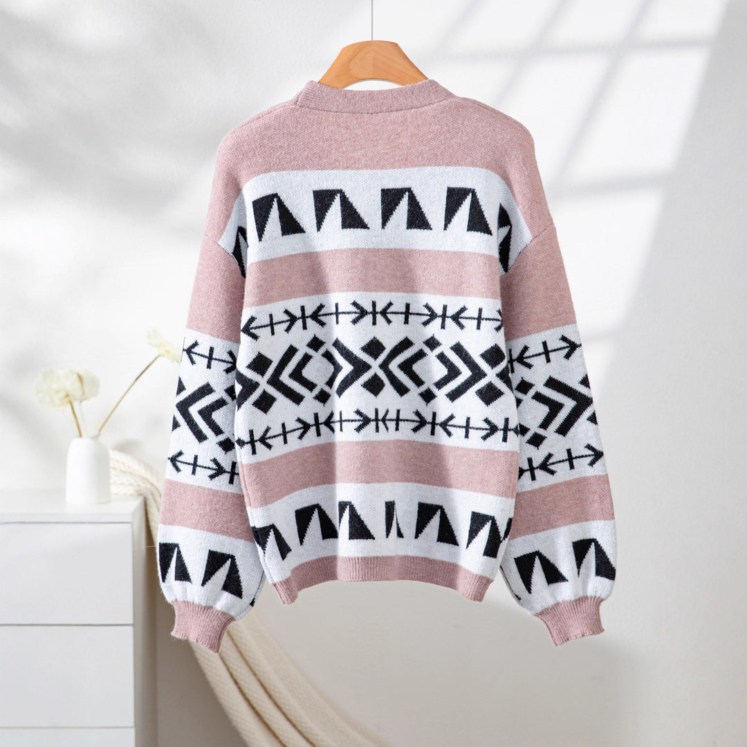 Damen gemütliche Strickjacke mit dekorativem Ethnomuster und offenem Schnitt EB