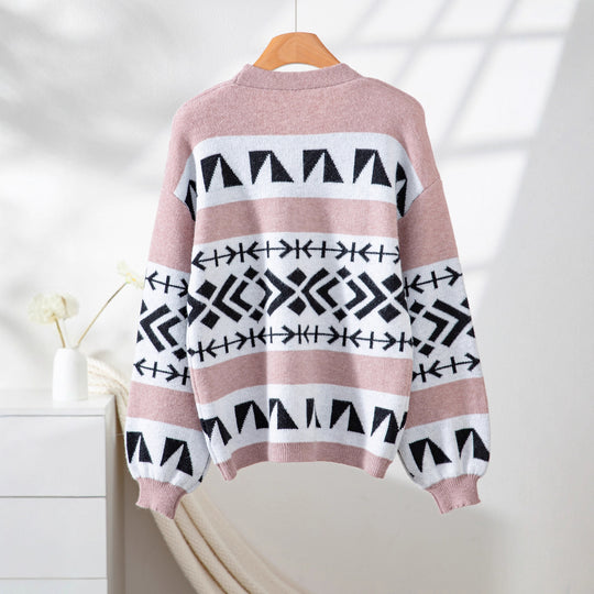Damen gemütliche Strickjacke mit dekorativem Ethnomuster und offenem Schnitt EB