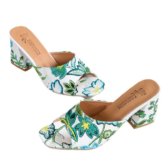 Damen elegante Mules mit floralem Design und komfortablem Blockabsatz EB