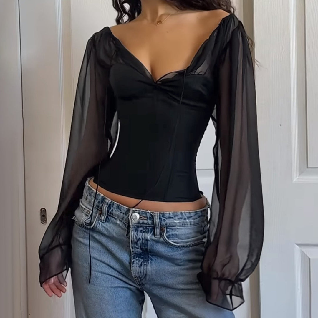 Damen elegantes Oberteil mit transparenten Ärmeln und schmaler Silhouette EB