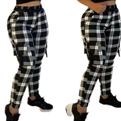 Damen Karierte Cargo-Hose mit elastischem Bund und vielseitigen Taschen EB