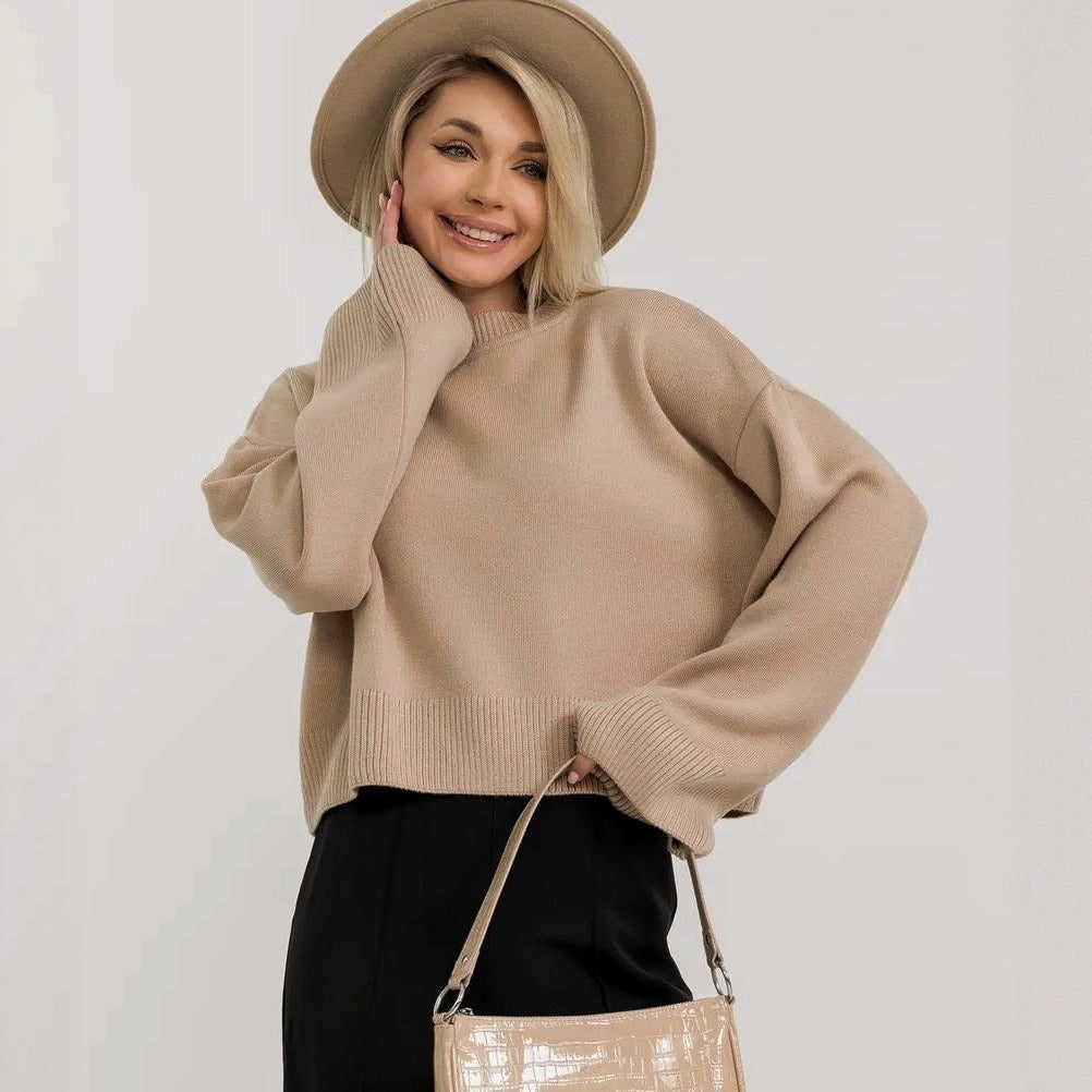 Damen cropped Strickpullover mit voluminösen Ärmeln und Rundhalsausschnitt EB