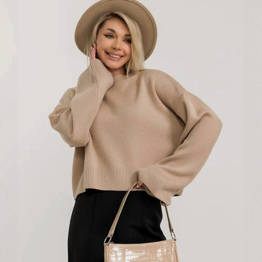 Damen cropped Strickpullover mit voluminösen Ärmeln und Rundhalsausschnitt EB