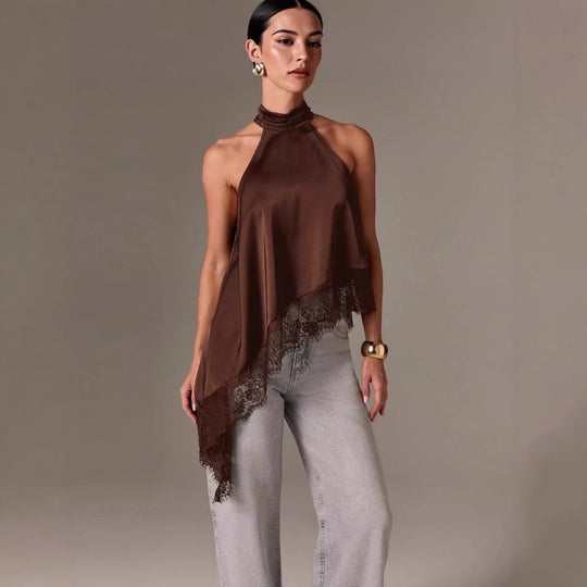 Damen luftiges Chiffon-Top mit eleganter Spitzenverzierung EB
