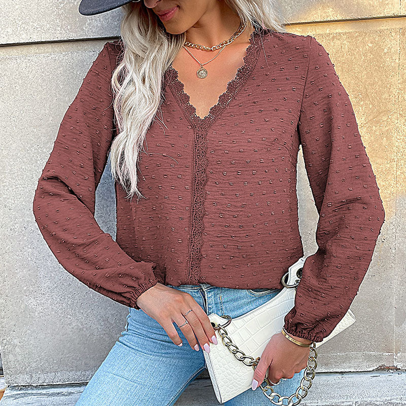 Damen Bluse mit feinen Strukturdetails und romantischem Spitzeneinsatz EB