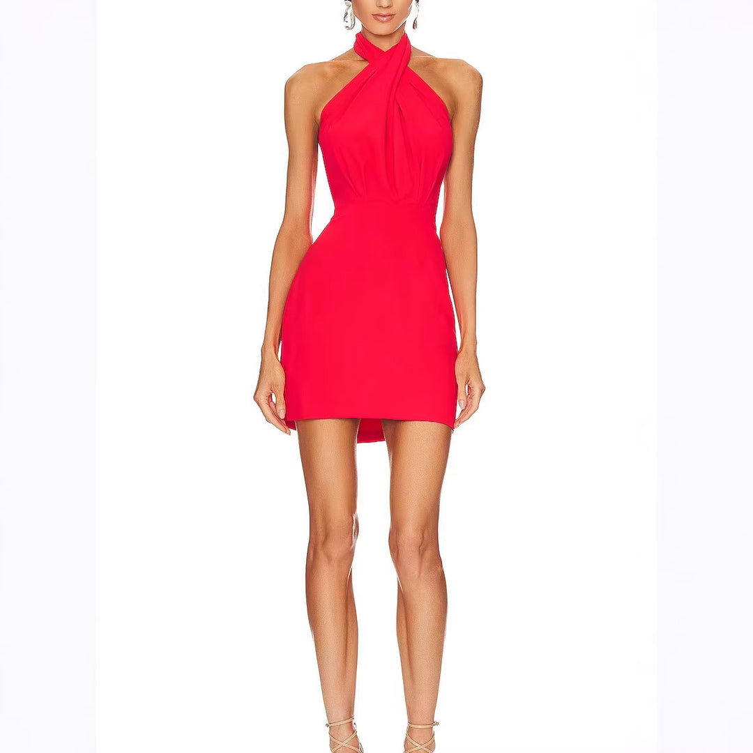 Damen elegantes Halterneck Minikleid mit figurbetontem Schnitt und raffinierter Drapierung EB