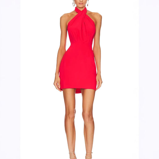Damen elegantes Halterneck Minikleid mit figurbetontem Schnitt und raffinierter Drapierung EB
