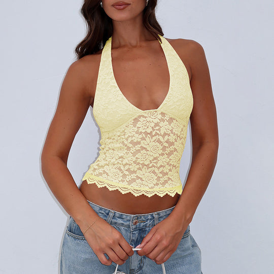 Damen Spitzen-Crop-Top mit tiefem V-Ausschnitt EB