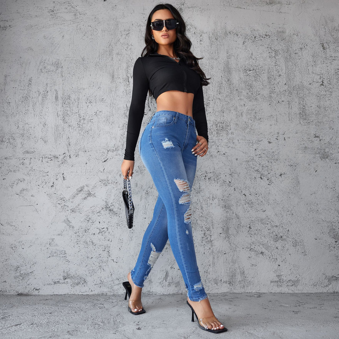 Damen Skinny Jeans im trendigen Destroyed-Design mit hoher Taille EB