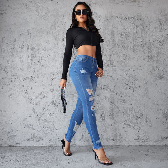 Damen Skinny Jeans im trendigen Destroyed-Design mit hoher Taille EB