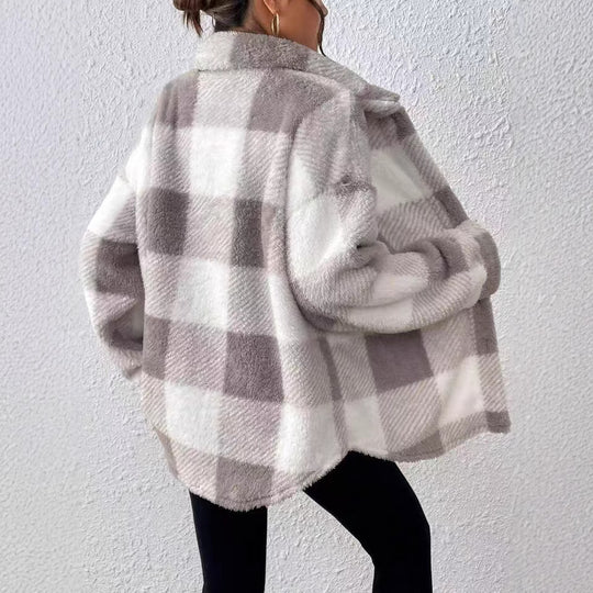 Damen Modische Plüschjacke im Karomuster EB