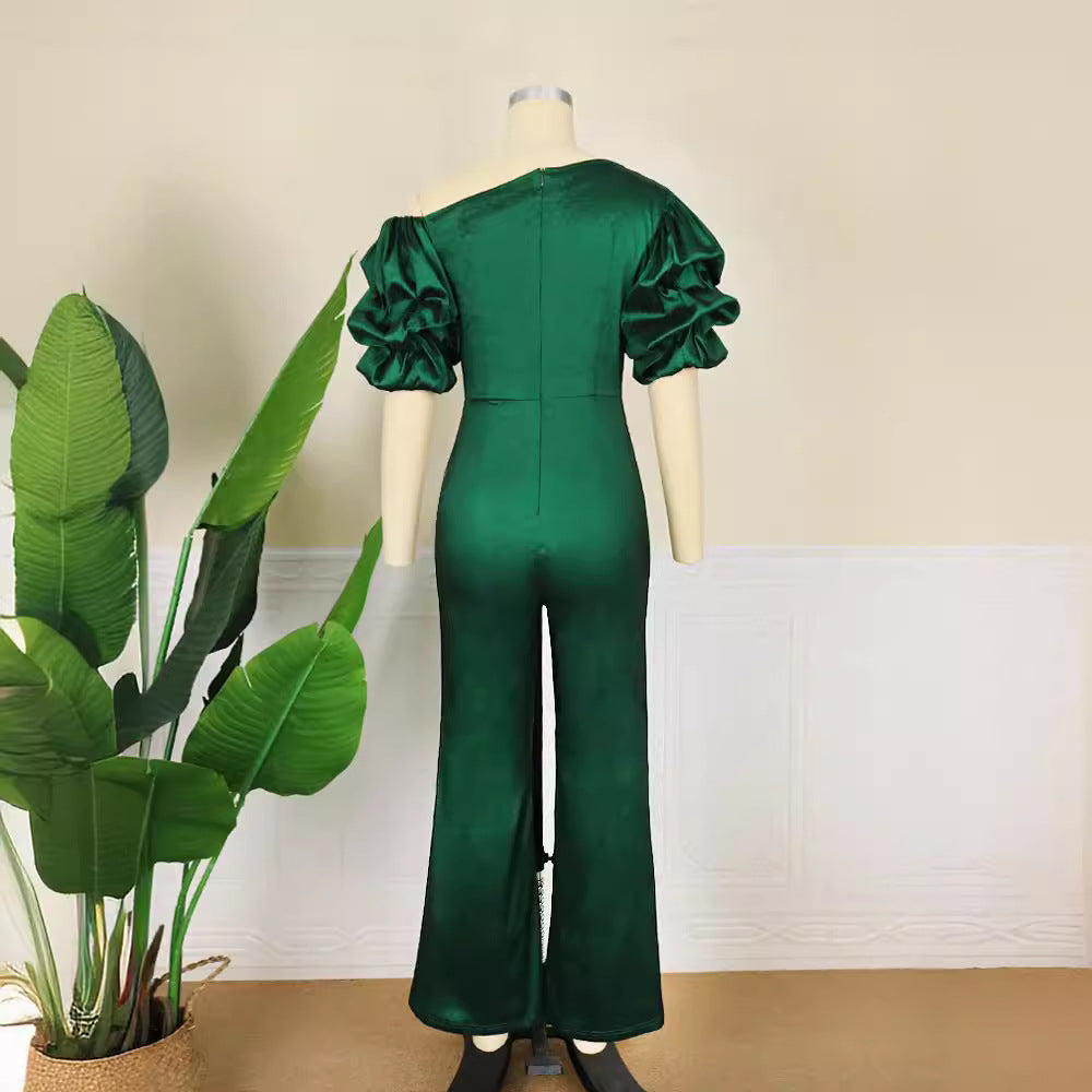 Damen Eleganter Jumpsuit mit asymmetrischen Puffärmeln EB