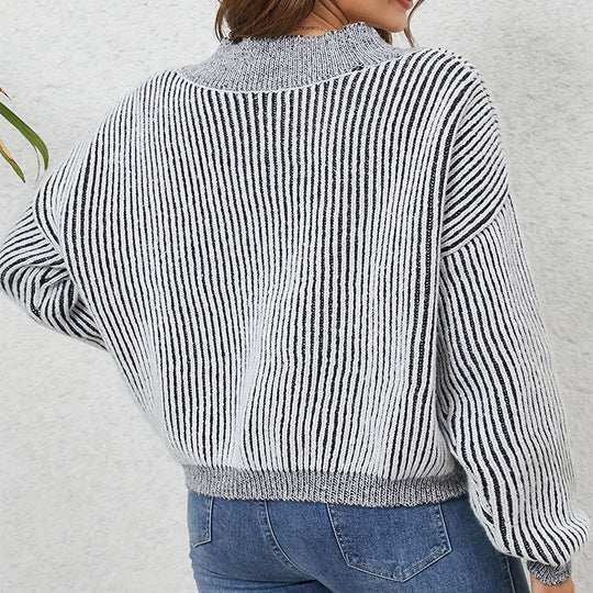 Damen lässiger V-Ausschnitt Pullover mit Streifenmuster EB