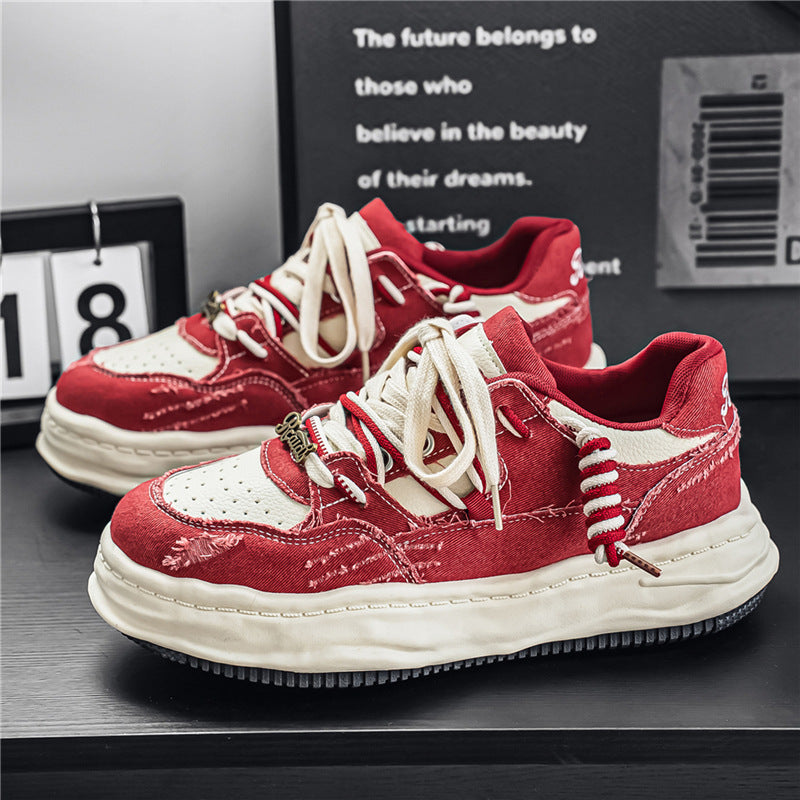 Damen denim-Plateau-Sneaker mit kontrastnähten, wattierter Wellenlaufsohle und verzierten Schnürdetails EB