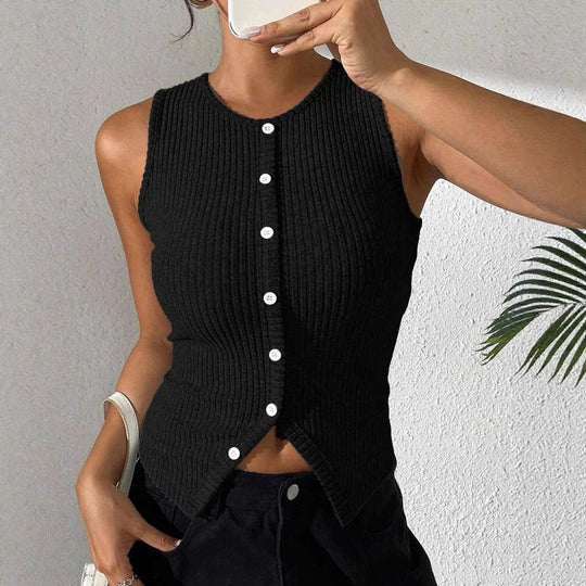 Damen Rippstrick Top mit Knopfleiste und schmalem Schnitt EB