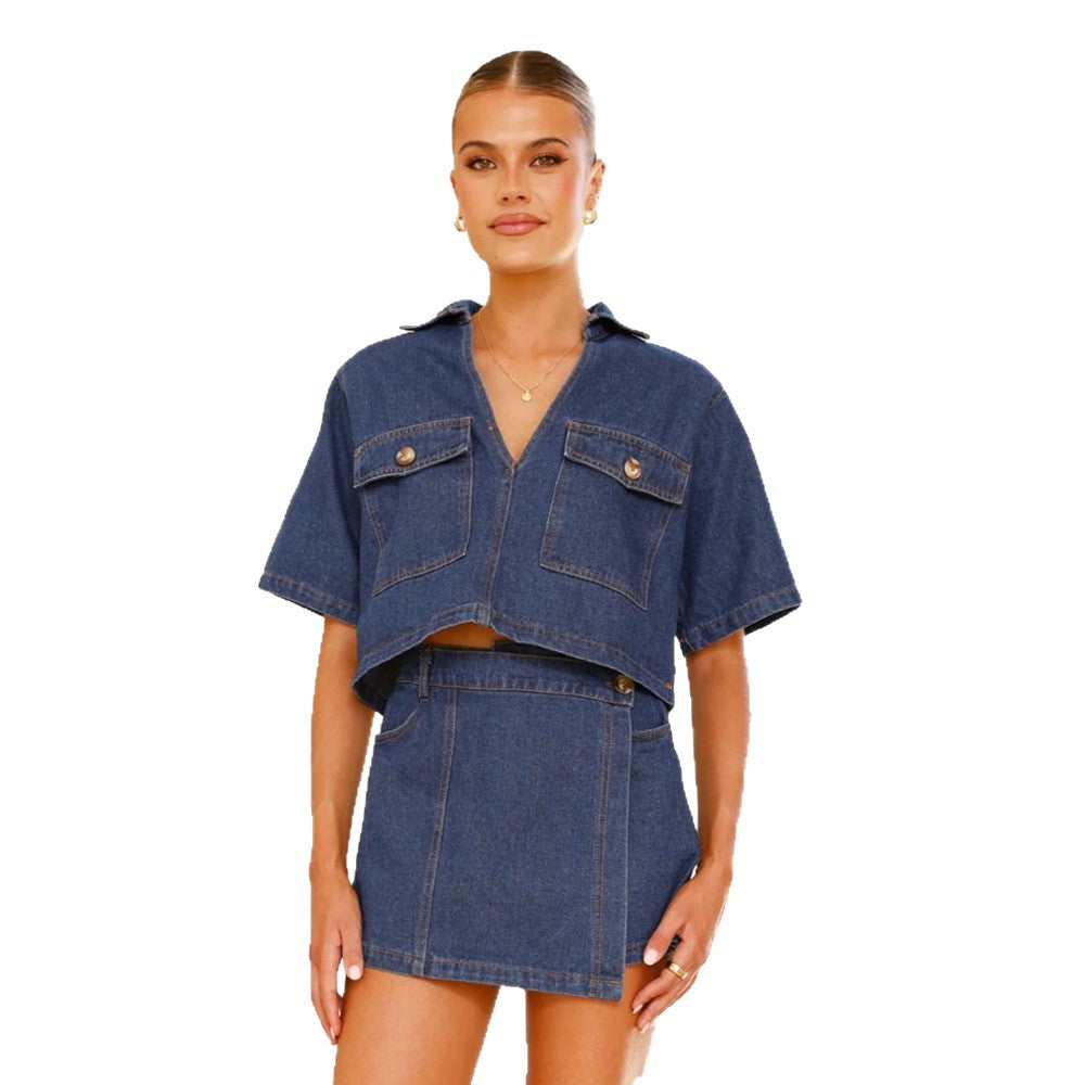 Damen Denim-Kurzarm-Oberteil mit passendem Wickelrock EB