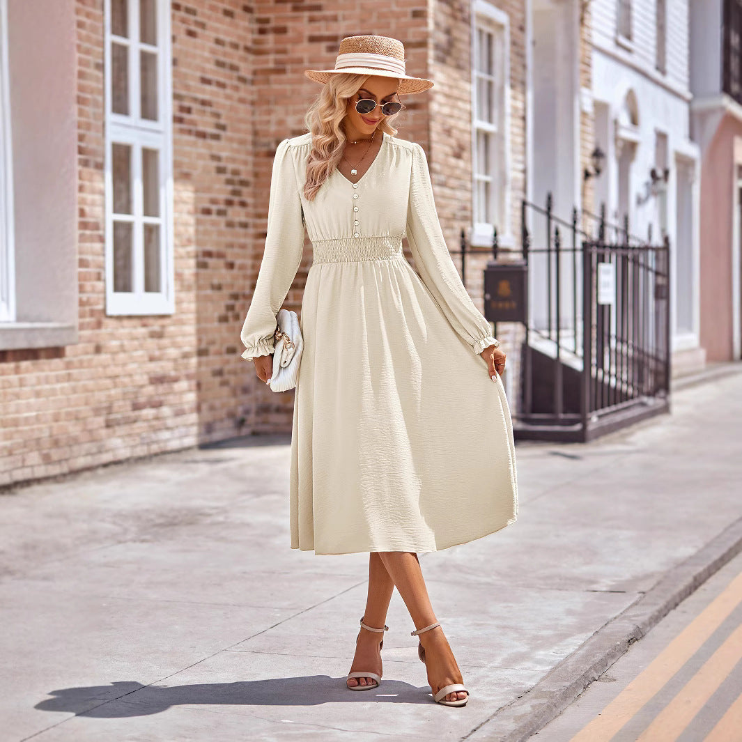 Damen Midikleid mit V-Ausschnitt, geraffter Smock-Taille und Knopfleiste EB
