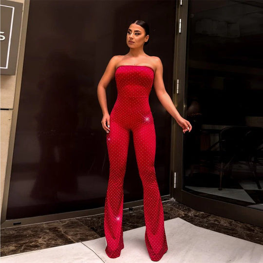 Damen Eleganter und figurbetonter Jumpsuit mit schimmernden Applikationen EB