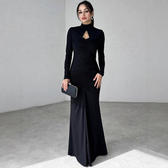 Damen Elegantes Maxikleid mit hochgeschlossenem Design und raffinierten Raffungselementen EB