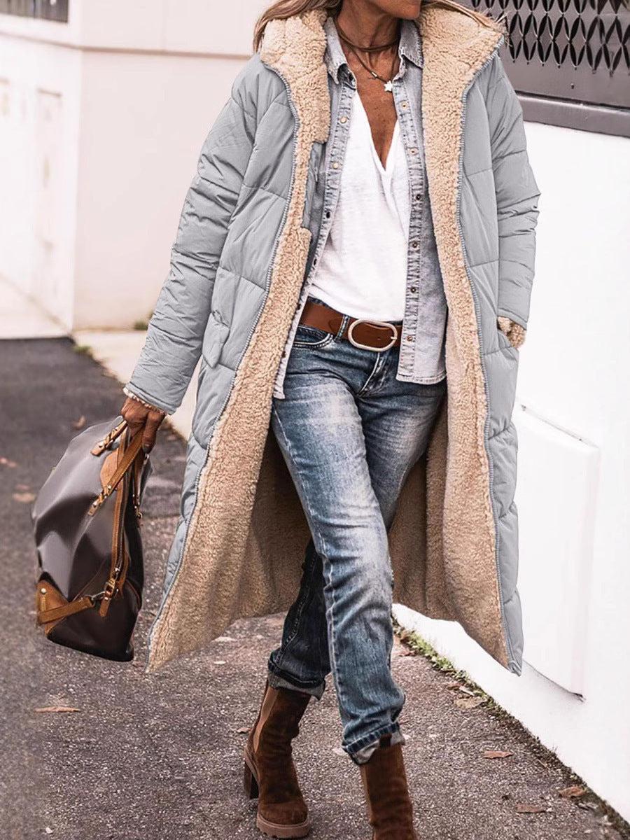 Damen lange Steppjacke mit kuscheligem Teddyfutter und großem Revers EB