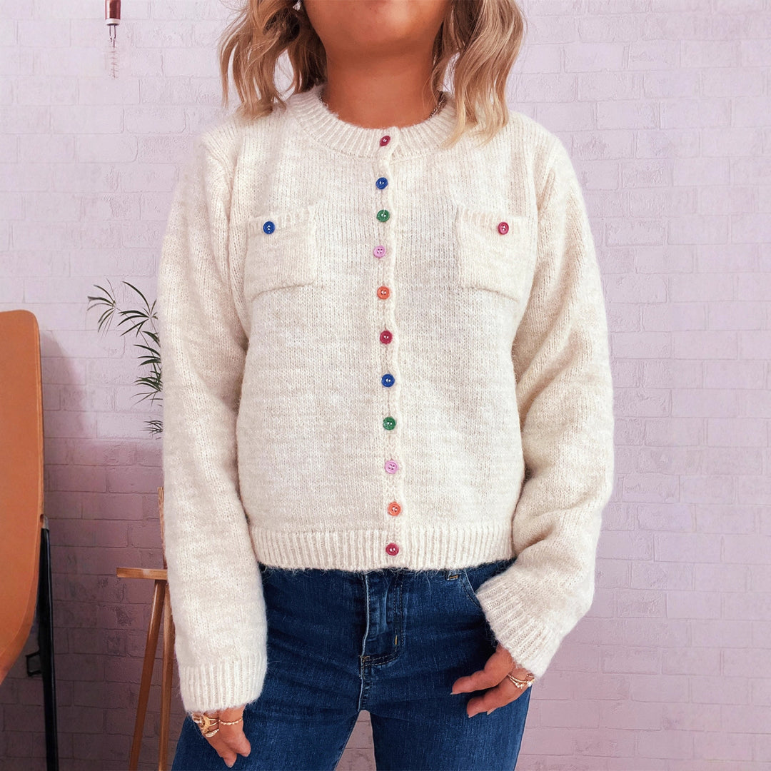 Damen Strickjacke mit bunten Knopfdetails und praktischen Taschen EB