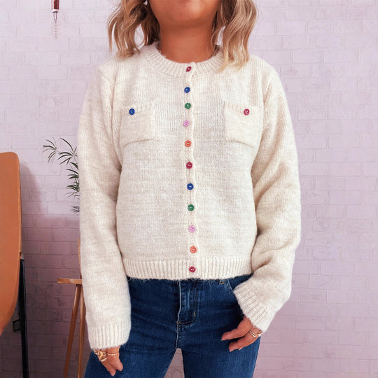 Damen Strickjacke mit bunten Knopfdetails und praktischen Taschen EB