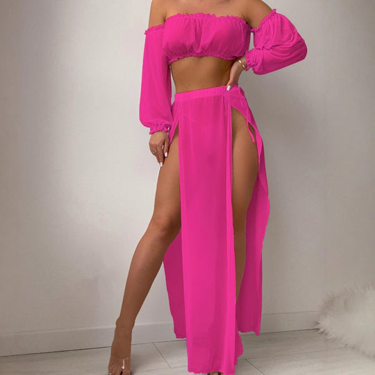 Damen Elegantes Strandkleid mit schulterfreiem Design und tiefen Seitenschlitzen EB