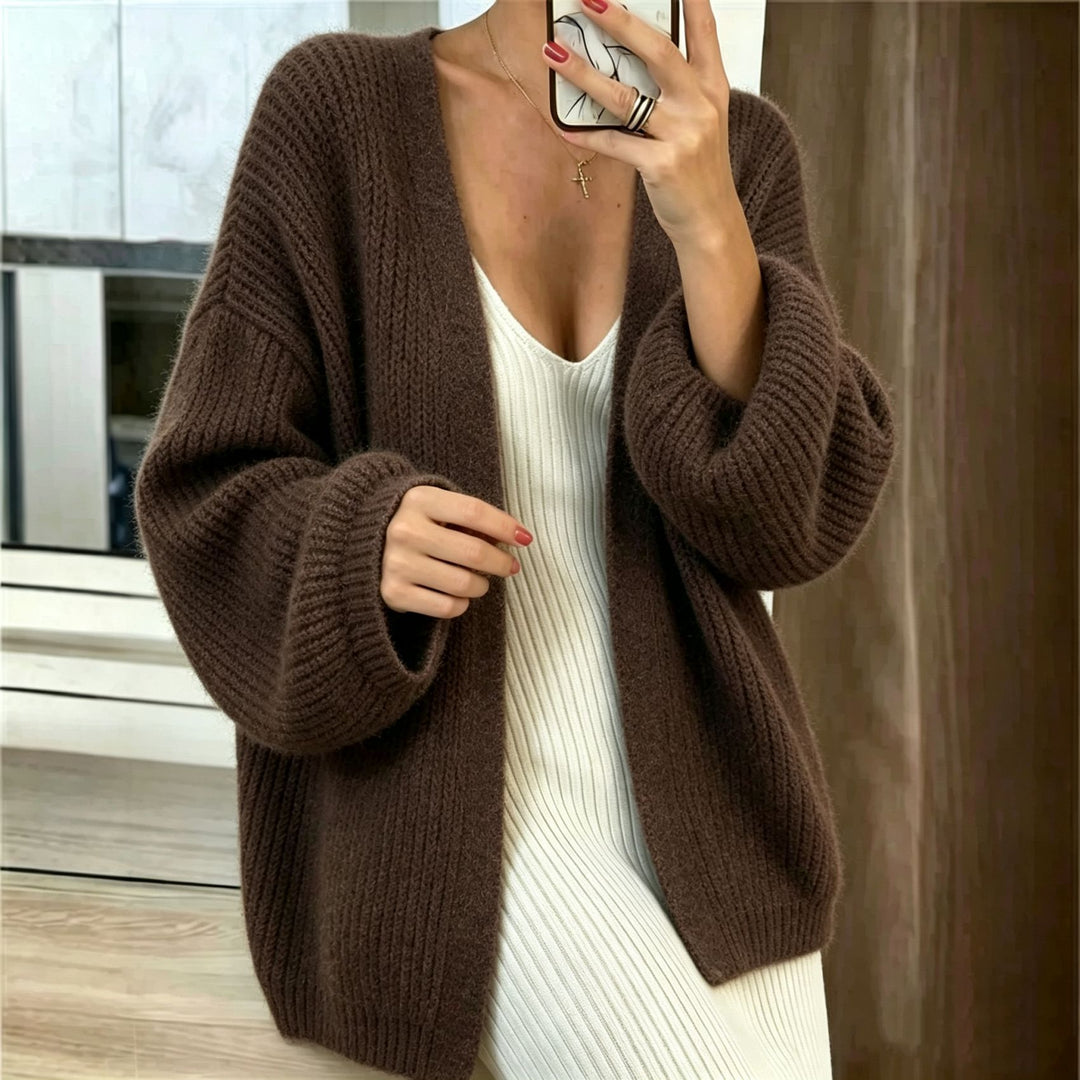 Damen Oversize-Cardigan aus grobem Rippstrick mit Ballonärmeln EB