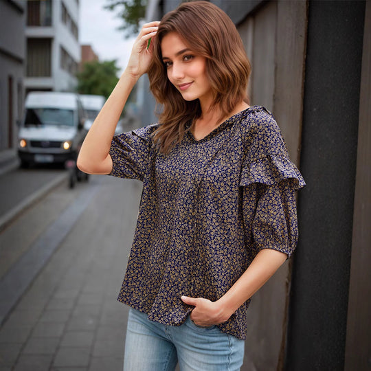Damen Bluse mit Rüschen und floralem Muster EB