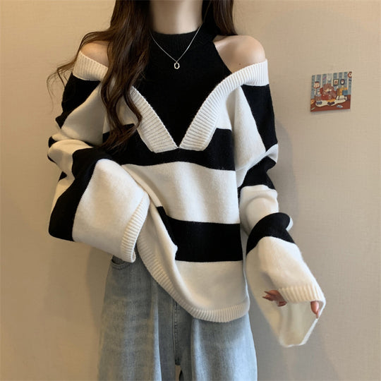 Damen V-Ausschnitt Oversized-Pullover mit modischem Streifenmuster und offenem Schulterdesign EB