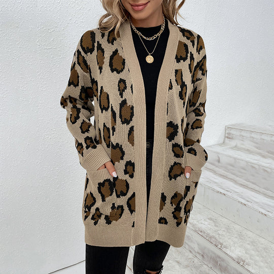 Damen modische Strickjacke mit Leopardenmuster und praktischen Taschen EB