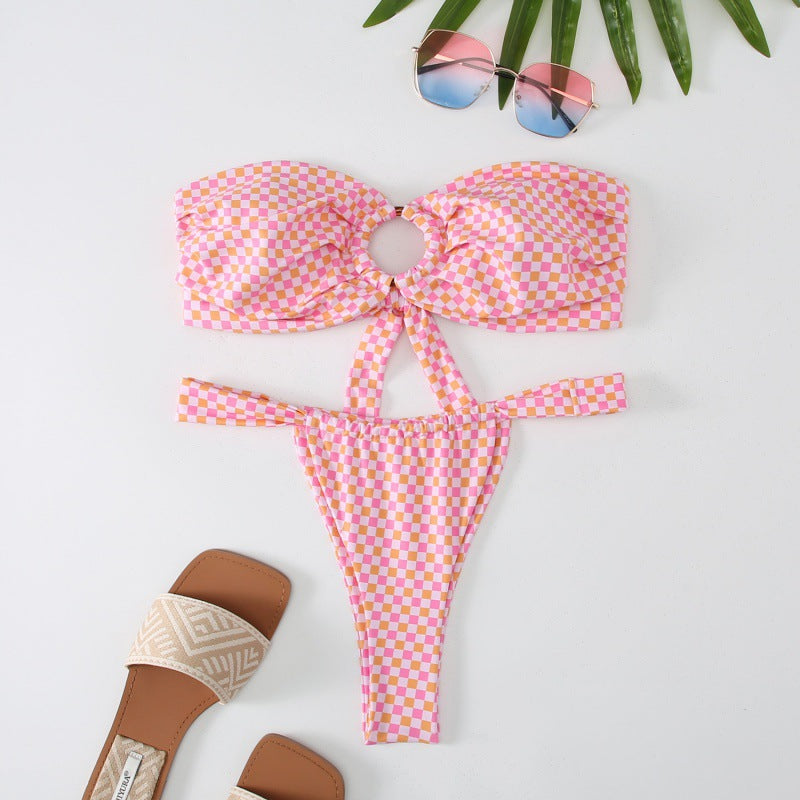 Damen Bandeau Bikini mit kreativem Raffungseffekt und verspieltem Design EB