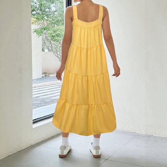 Damen luftiges Maxikleid mit Rüschendetails und seitlichem Schlitz EB