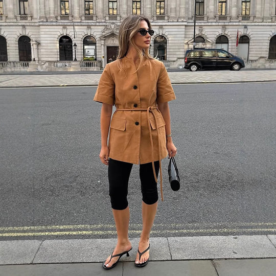 Damen modische Übergangsjacke mit Gürtel und praktischen Taschen EB