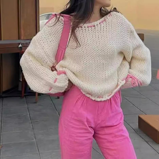 Damen Grobstrickpullover mit verspielten Details und lässigem Schnitt EB