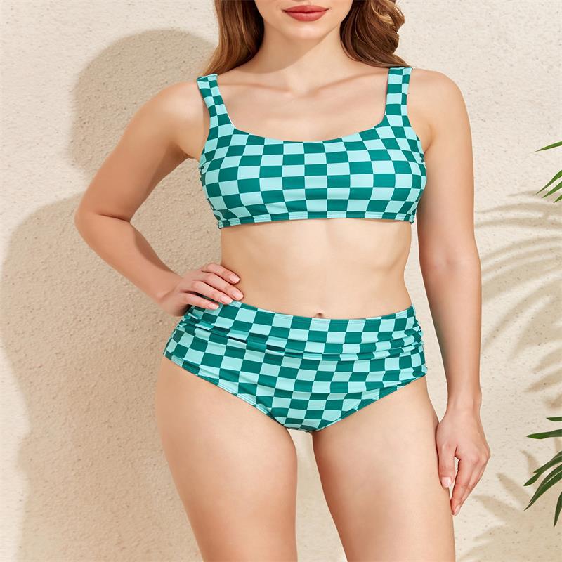 Damen Bikini-Set mit modischem Karomuster und hohem Taillenschnitt EB