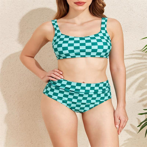 Damen Bikini-Set mit modischem Karomuster und hohem Taillenschnitt EB