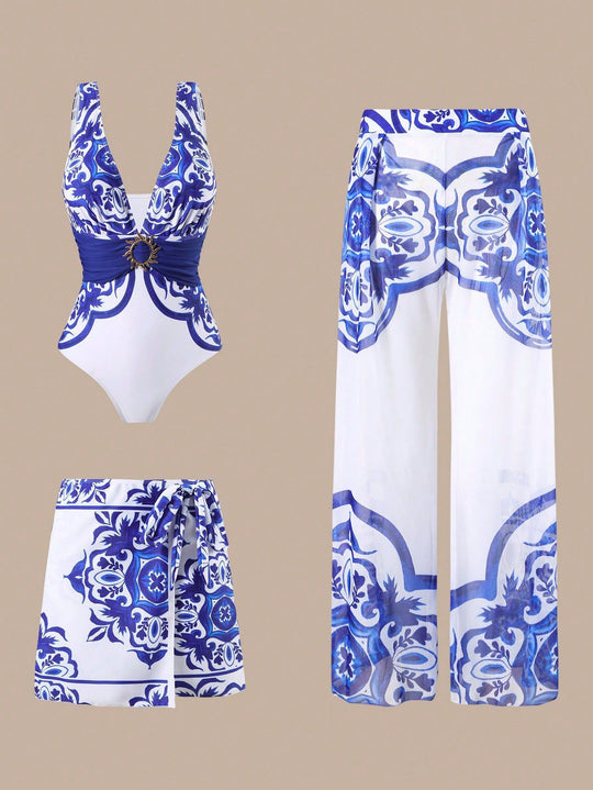 Damen Eleganter Badeanzug mit passendem Strandhosen-Set EB