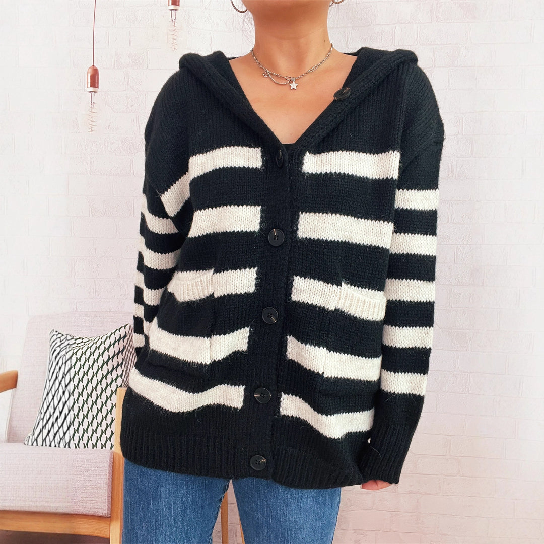 Damen oversized Strickjacke mit kontrastierenden Streifen und Kapuze EB