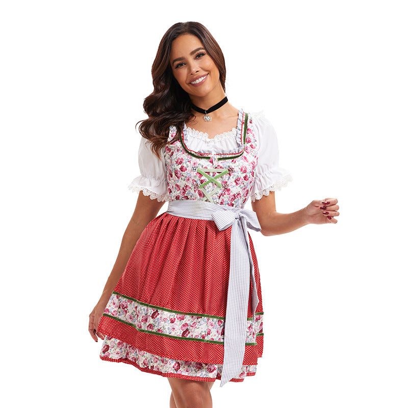 Damen nan kurzes traditionelles Dirndlkleid mit Spitzenbluse, Schnürung und dekorativer Schürze EB