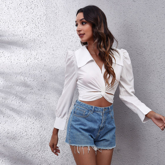 Damen Hochgeschlossene Bluse mit Ballonärmeln und Twist-Detail EB
