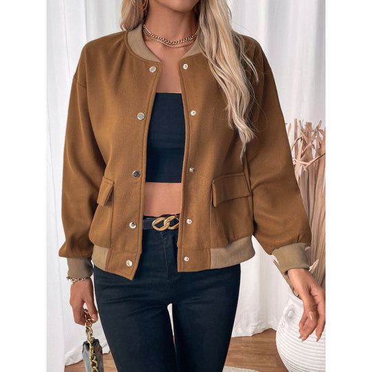 Damen modische Overshirt-Jacke mit Druckknopfverschluss und seitlichen Taschen EB
