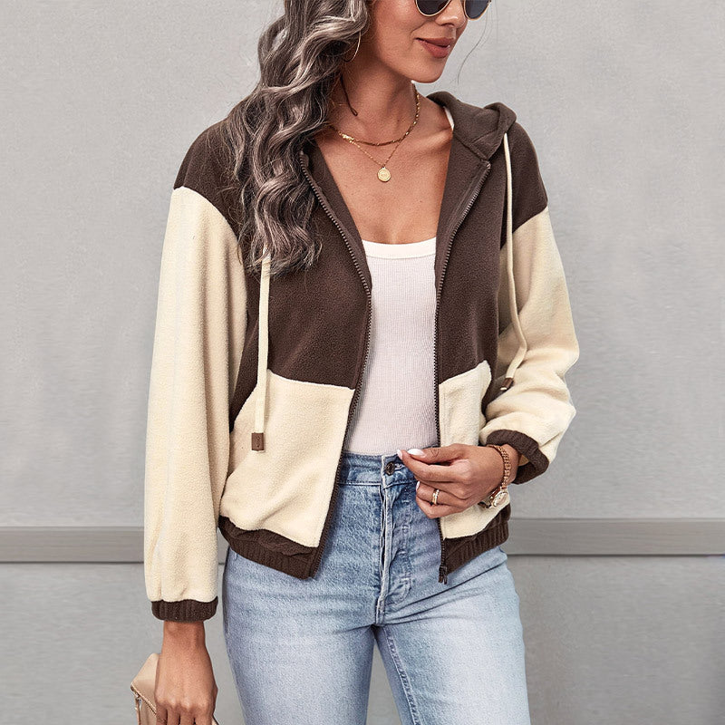 Damen Colorblock-Fleecejacke mit Kapuze, Reißverschluss und Kängurutaschen EB