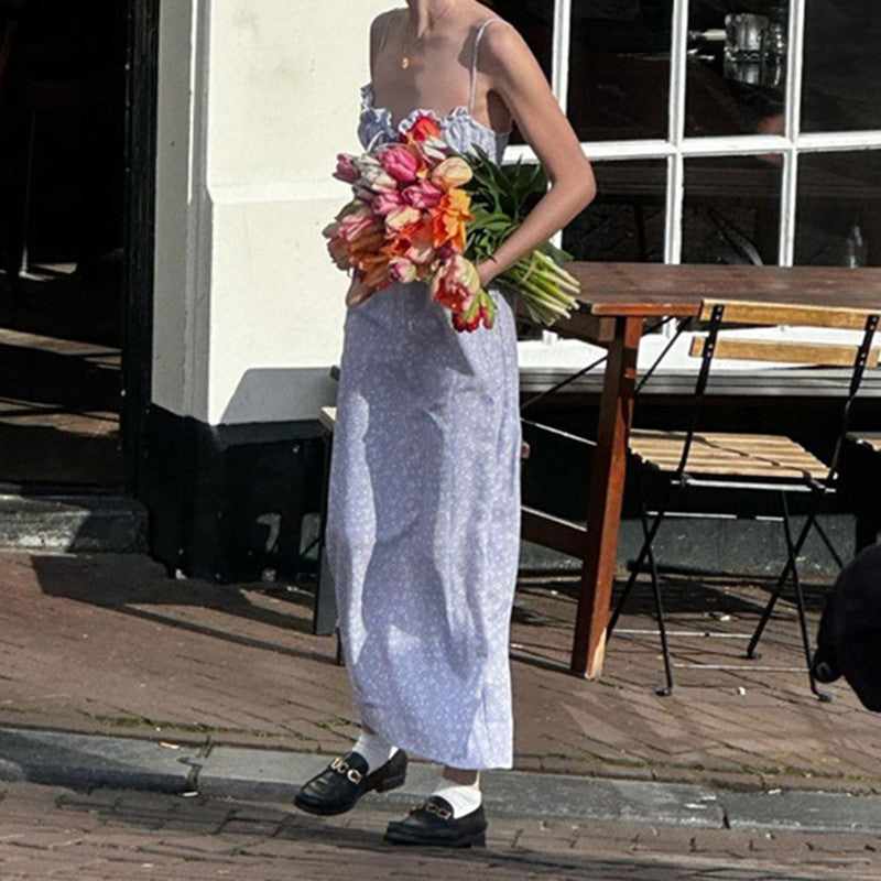 Damen Blumenkleid mit Rüschen und Spaghetti-Trägern EB