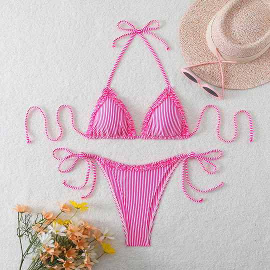 Damen Triangel-Bikini mit verspieltem Rüschendesign und verstellbaren Bändern EB